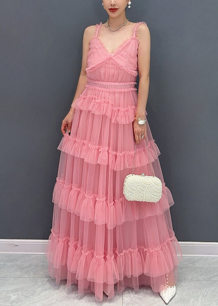 Bohemian Pink V Neck Ruffled Tulle Spaghetti Strap Dress Sleeveless