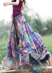 Bohemian Purple Drawstring Wrinkled Patchwork Print Chiffon Skirt Summer