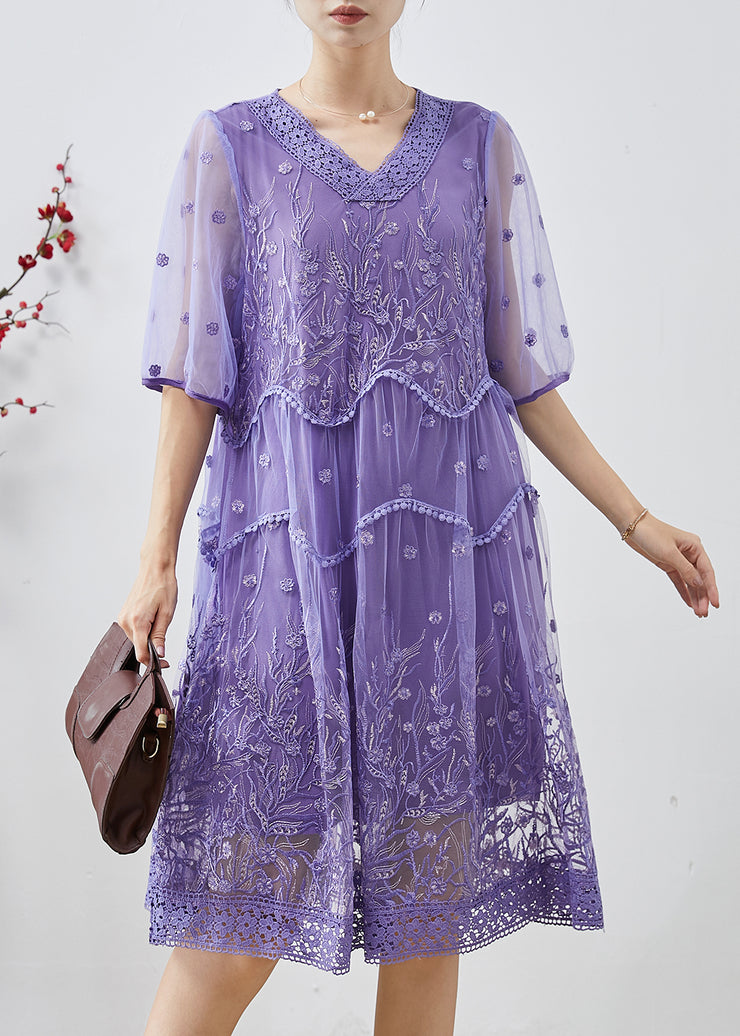 Bohemian Purple Embroidered Tulle Party Dress Summer