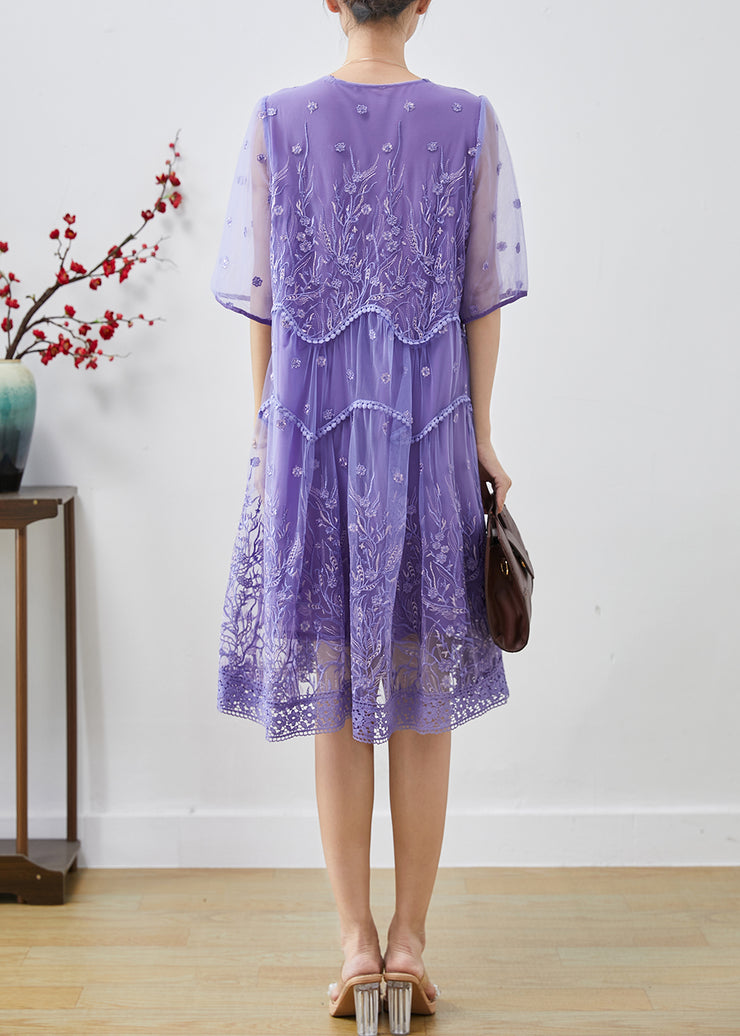 Bohemian Purple Embroidered Tulle Party Dress Summer