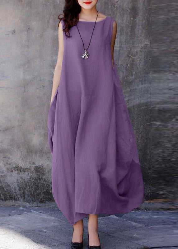 Bohemian Purple O-Neck Exra Large Hem Cotton Dresses Sleeveless