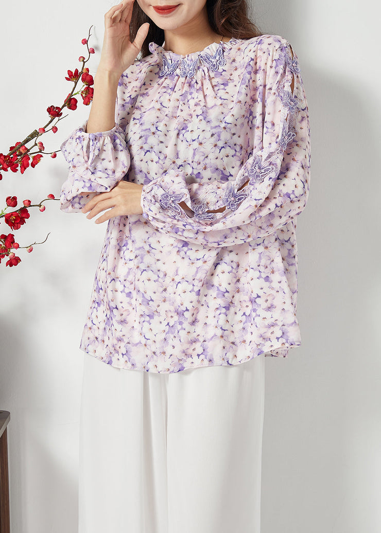 Bohemian Purple Print Hollow Out Chiffon Blouses Spring