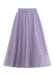 Bohemian Purple Print Wrinkled Elastic Waist Tulle Pleated Skirt Summer