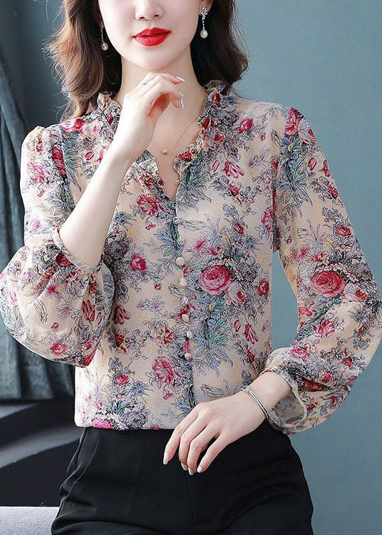 Bohemian Purple Ruffled Print Chiffon Shirts Spring