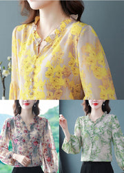 Bohemian Purple Ruffled Print Chiffon Shirts Spring