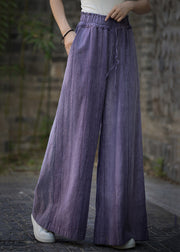 Bohemian Purple Tie Dye Elastic Waist Linen Wide Leg Pants Summer