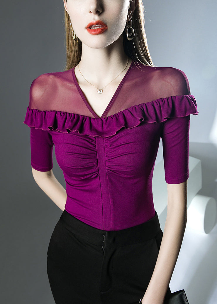 Bohemian Purple Tulle Patchwork Top Half Sleeve