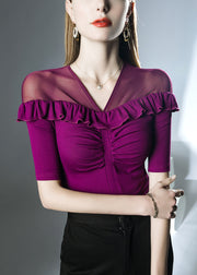 Bohemian Purple Tulle Patchwork Top Half Sleeve