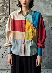 Bohemian Rainbow Ruffled Patchwork Button Tops Long Sleeve