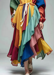 Bohemian Rainbow Ruffled Patchwork Cotton Cinched Dress Summer