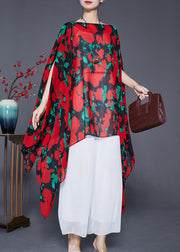 Bohemian Red Asymmetrical Print Chiffon Long Smock Batwing Sleeve