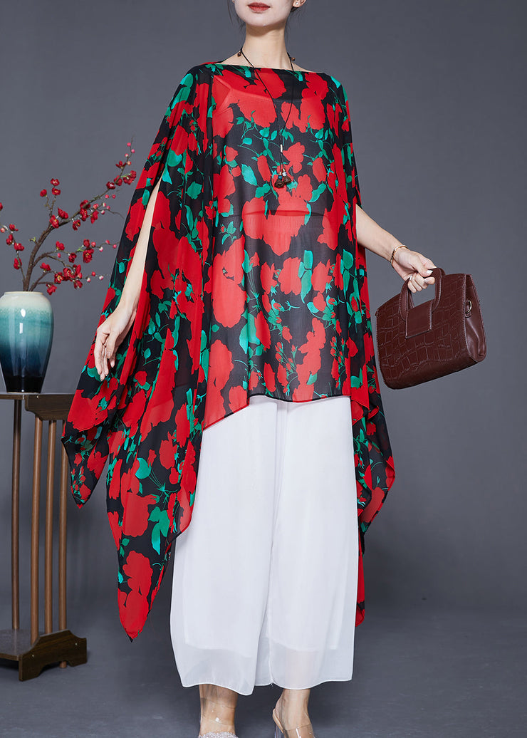 Bohemian Red Asymmetrical Print Chiffon Long Smock Batwing Sleeve