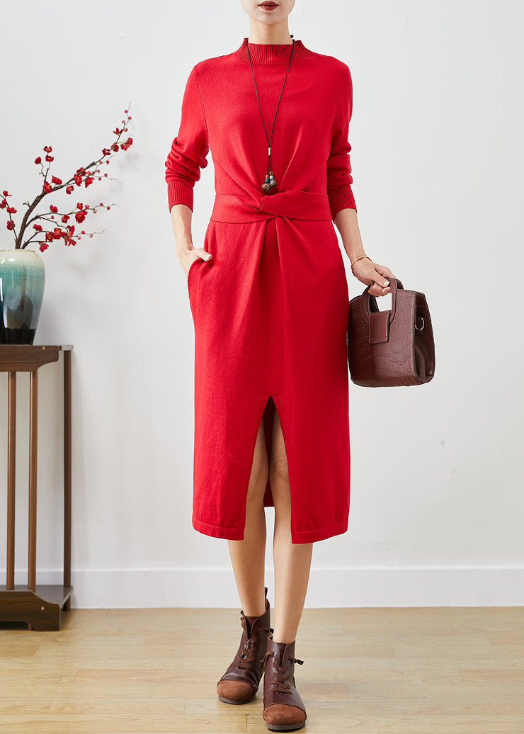 Bohemian Red Asymmetrical Side Open Silm Fit Knit Dresses Fall