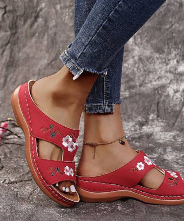 Bohemian Red Embroideried Faux Leather Splicing Wedge Slide Sandals