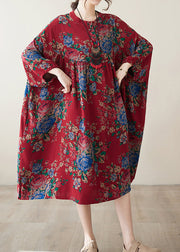 Bohemian Red O Neck Print Wrinkled Plus Size Cotton Dress Summer