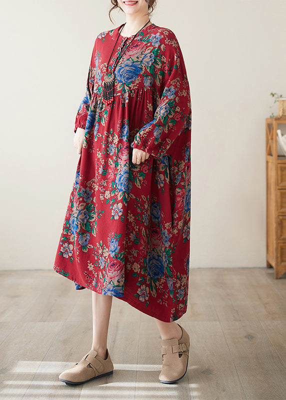 Bohemian Red O Neck Print Wrinkled Plus Size Cotton Dress Summer