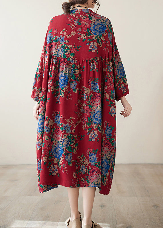 Bohemian Red O Neck Print Wrinkled Plus Size Cotton Dress Summer