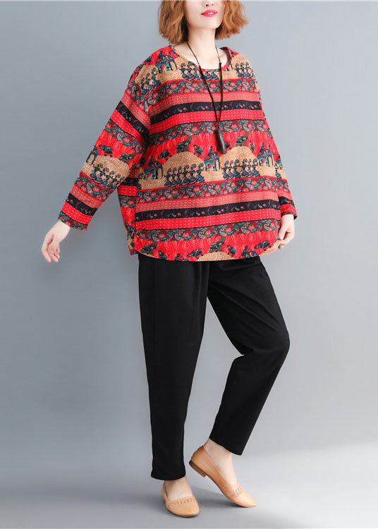 Bohemian Red Oversized Print Cotton Tops Spring