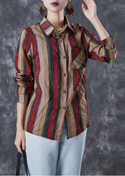 Bohemian Red Peter Pan Collar Striped Linen Shirt Top Fall