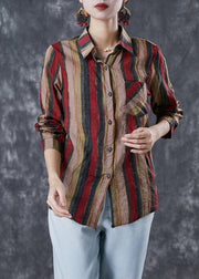 Bohemian Red Peter Pan Collar Striped Linen Shirt Top Fall