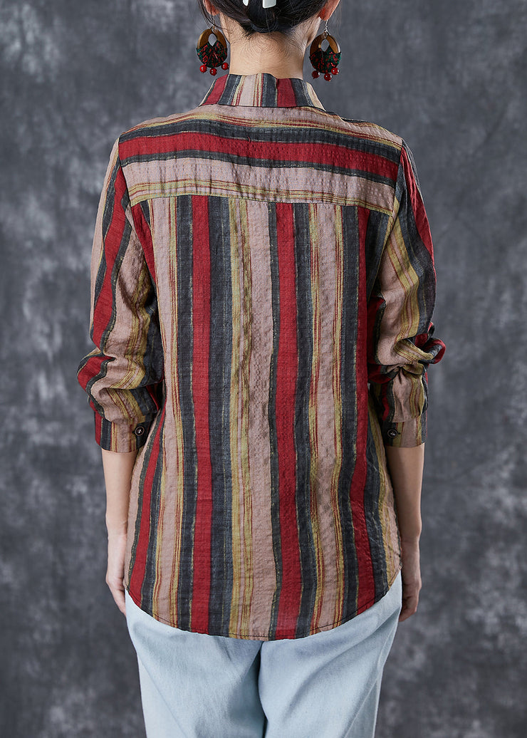 Bohemian Red Peter Pan Collar Striped Linen Shirt Top Fall