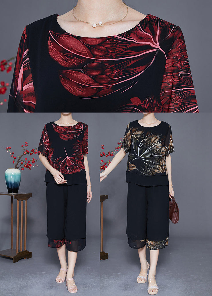 Bohemian Red Print Oversized Chiffon Two Piece Set Women Clothing Summer