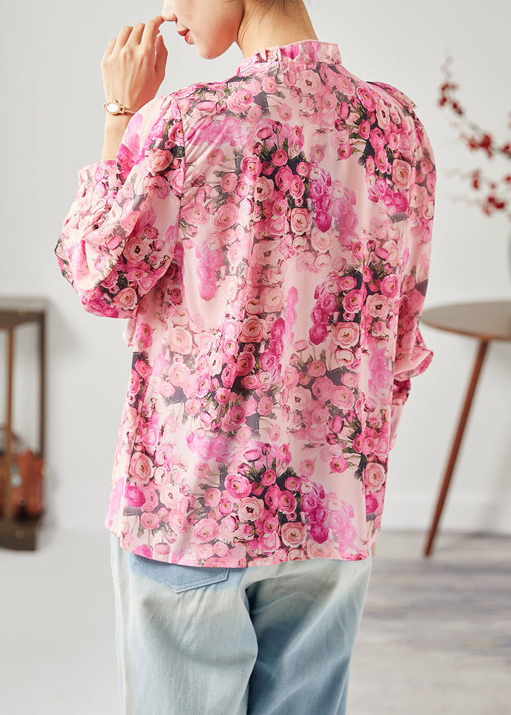 Bohemian Red Print Patchwork Ruffled Silk Shirt Tops Spring