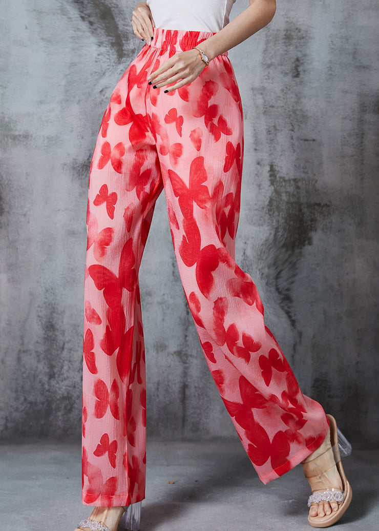 Bohemian Red Print Silk Straight Pants Summer