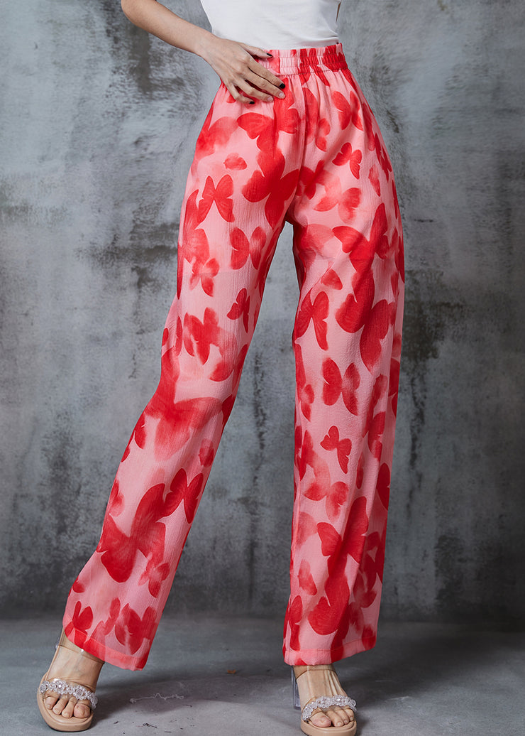 Bohemian Red Print Silk Straight Pants Summer