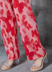 Bohemian Red Print Silk Straight Pants Summer