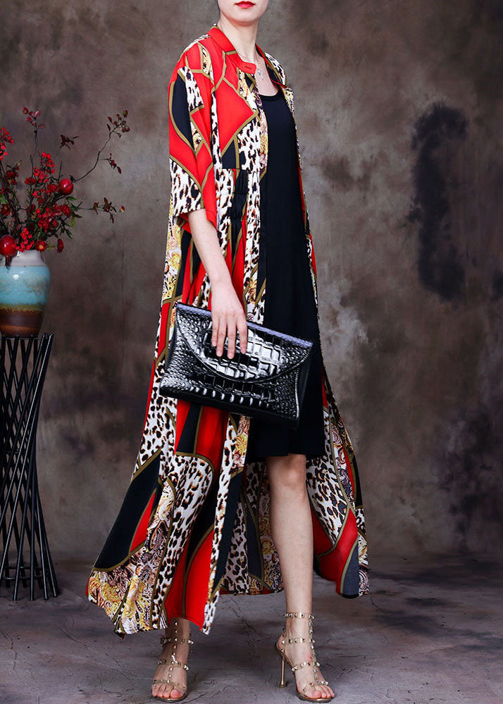 Bohemian Red Stand Collar Leopard Print Chiffon Long Cardigans Summer