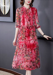 Bohemian Red Stand Collar Print Wrinkled Chiffon Vacation Dresses Half Sleeve