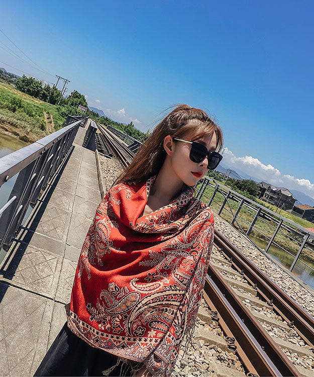 Bohemian Red Tasseled Print Cotton Shawl