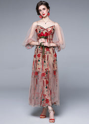 Bohemian Red V Neck Embroideried Patchwork Tulle Dress Lantern Sleeve