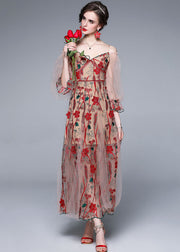 Bohemian Red V Neck Embroideried Patchwork Tulle Dress Lantern Sleeve