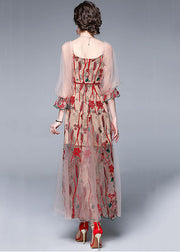 Bohemian Red V Neck Embroideried Patchwork Tulle Dress Lantern Sleeve