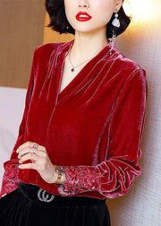 Bohemian Red V Neck Patchwork Silk Velour Shirt Tops Long Sleeve