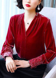 Bohemian Red V Neck Patchwork Silk Velour Shirt Tops Long Sleeve