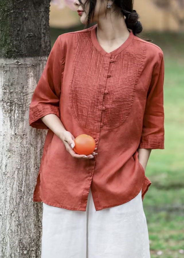 Bohemian Red Wrinkled Patchwork Linen Shirt Tops Bracelet Sleeve