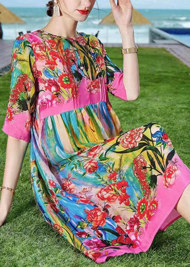 Bohemian Rose O-Neck Print Patchwork Silk Beach Dresses Short Sleeve