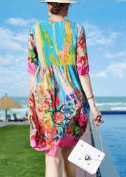 Bohemian Rose O-Neck Print Patchwork Silk Beach Dresses Short Sleeve