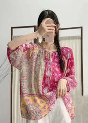 Bohemian Rose Ruffled Print Patchwork Linen Shirt Tops Summer