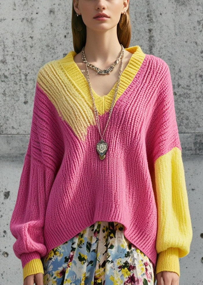 Bohemian Rose V Neck Cozy Knit Loose Sweater Fall