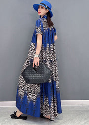 Bohemian Stand Collar Leopard Print Wrinkled Long Dress Short Sleeve