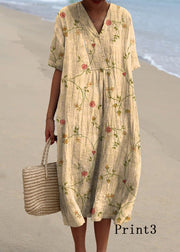 Bohemian V Neck Print Loose Cotton Dress Summer