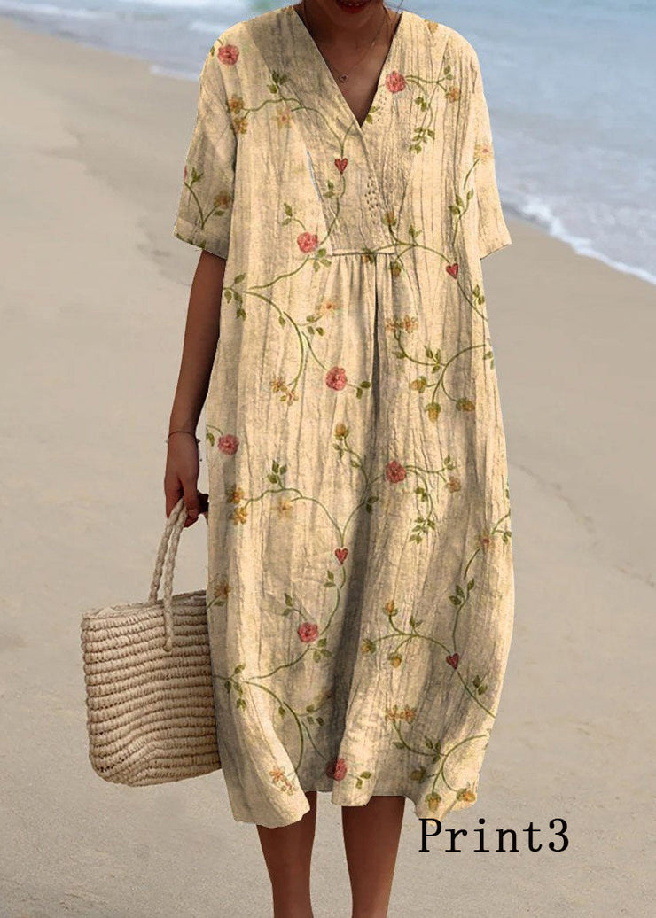 Bohemian V Neck Print Loose Cotton Dress Summer