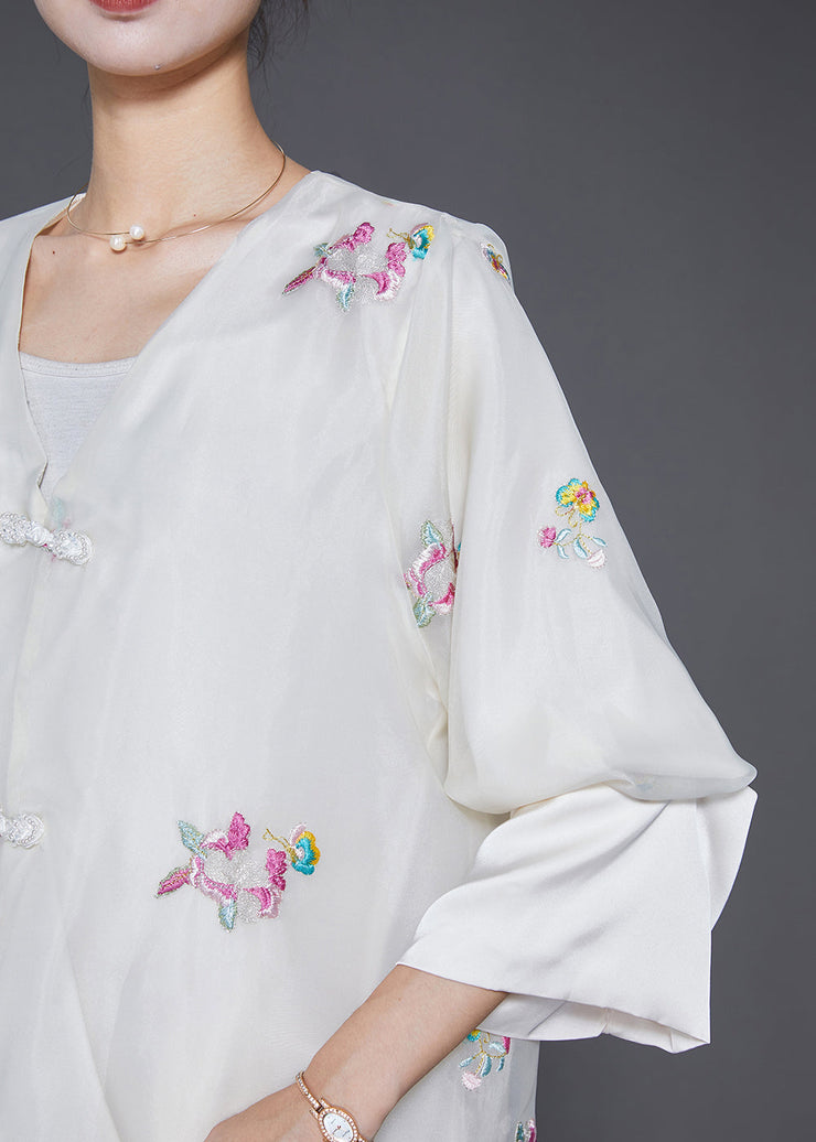 Bohemian White Embroideried Chinese Button Silk Two-Piece Set Fall