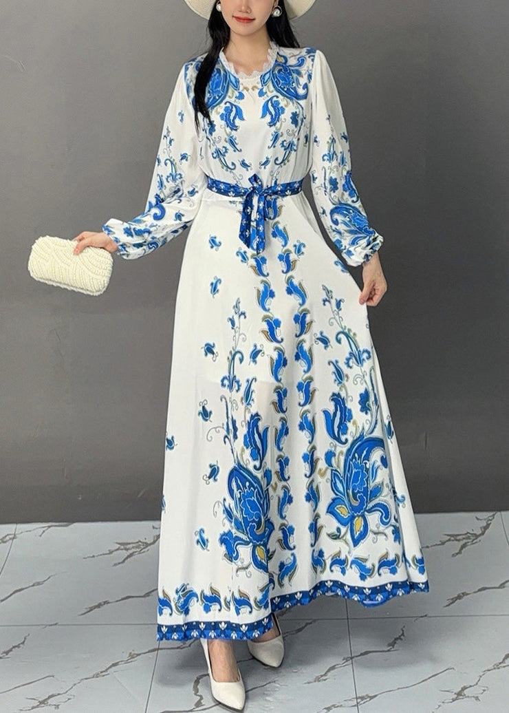 Bohemian White Print Lace Up Cotton Long Dress Fall