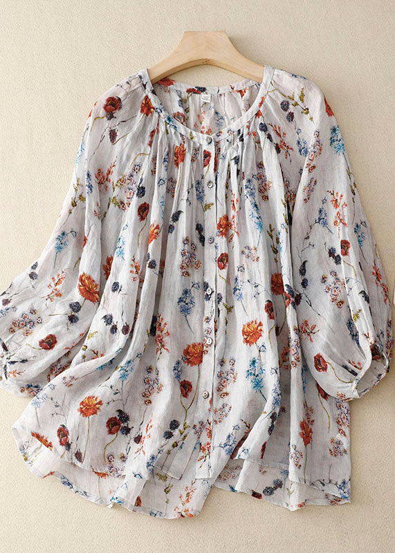 Bohemian White Print Wrinkled Patchwork Linen Shirt Lantern Sleeve