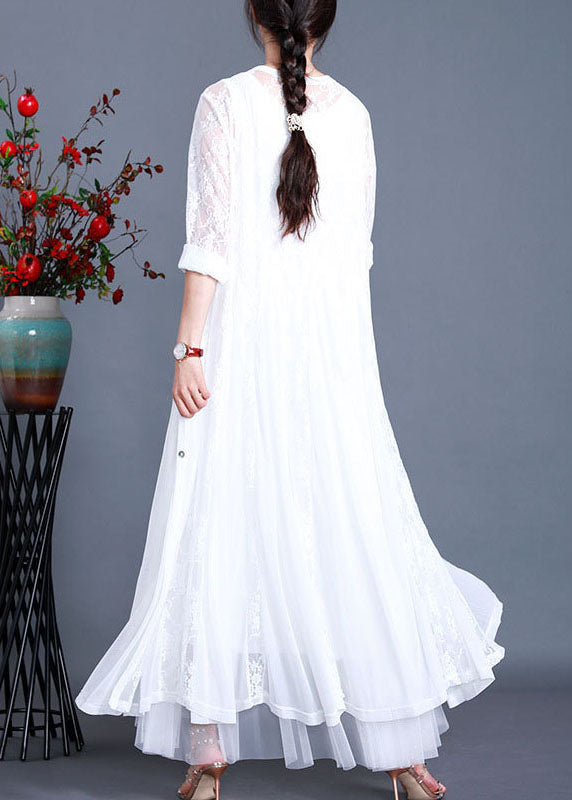 Bohemian White Solid Hollow Out Lace Long Cardigans Long Sleeve